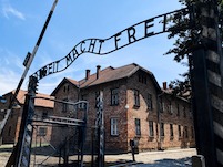 Main gate in Auschwitz and buildings
